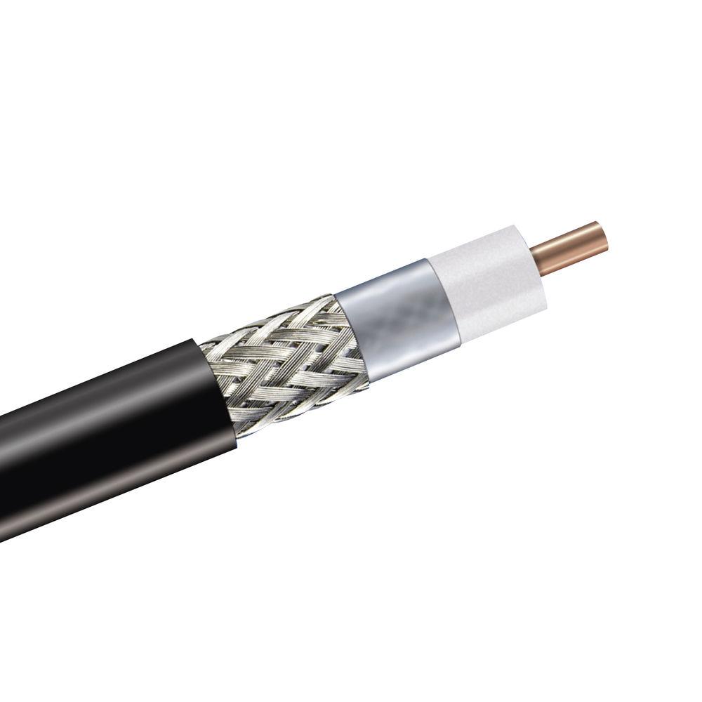 Cross-section of a coaxial cable with copper core, insulation layers, and metal braid.