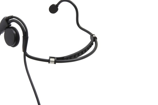 Schwarzes Headset mit Mikrofon am Ohrbügel.