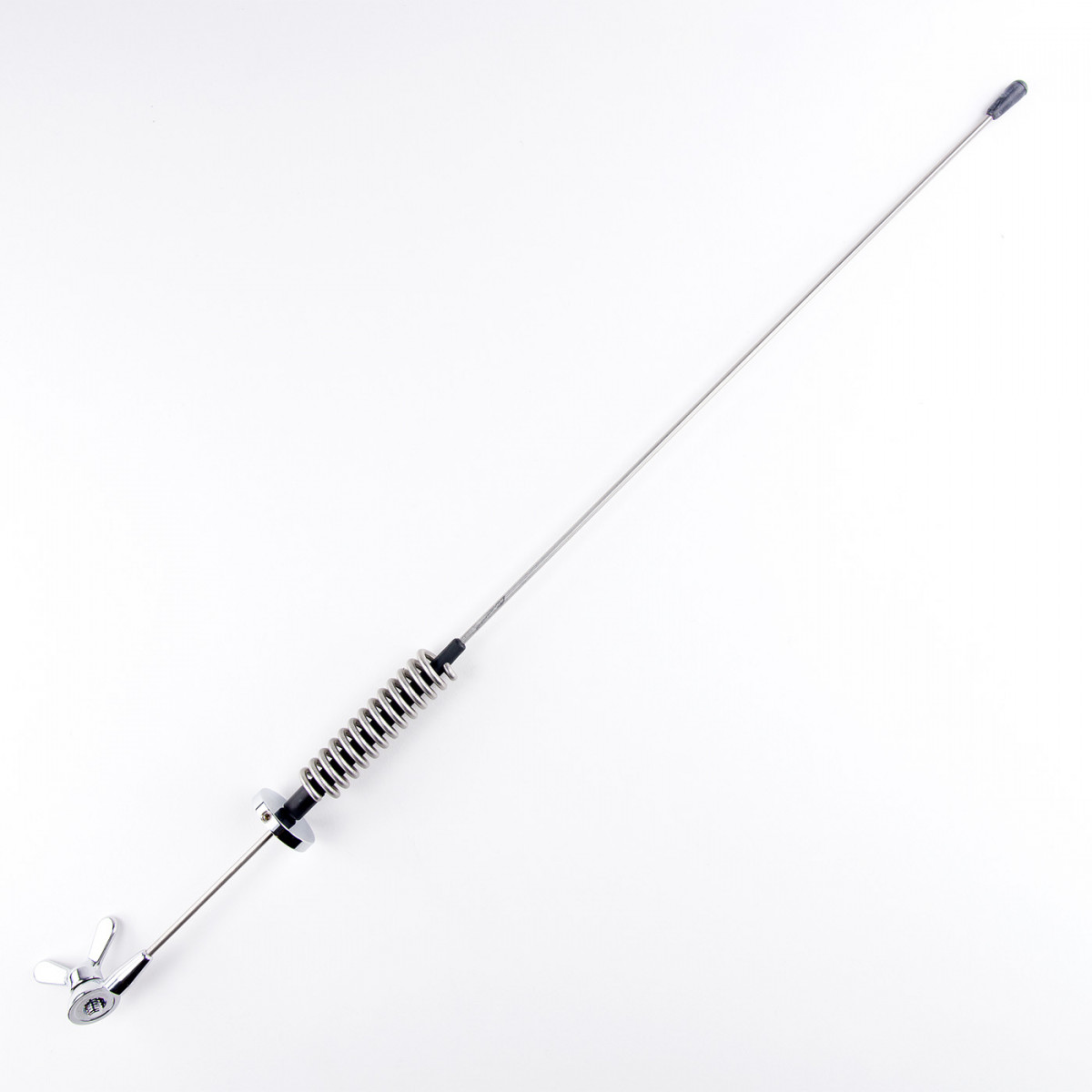 Lange Antenne mit Feder und Schraubbefestigung auf weißem Hintergrund.