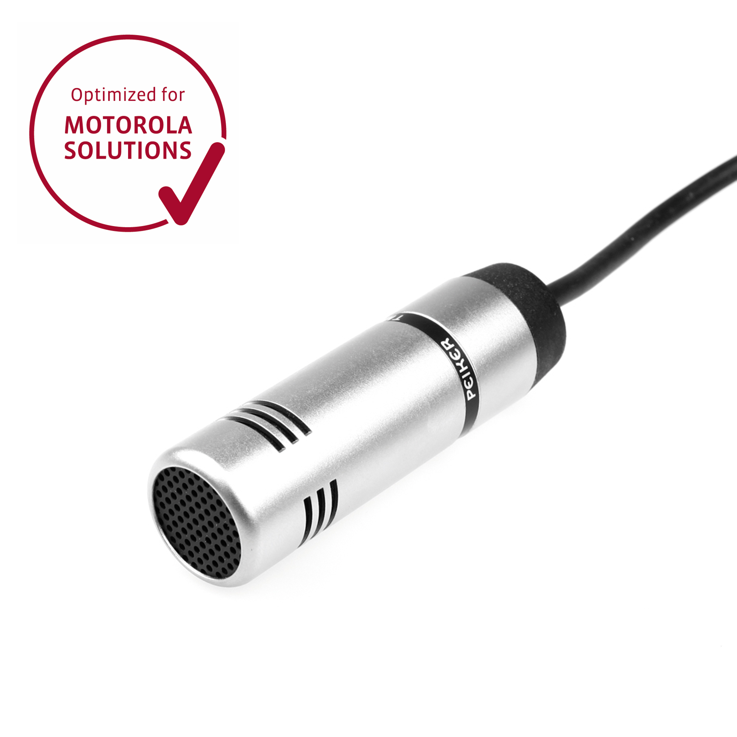 Silver microphone with black cable, optimized for Motorola Solutions.