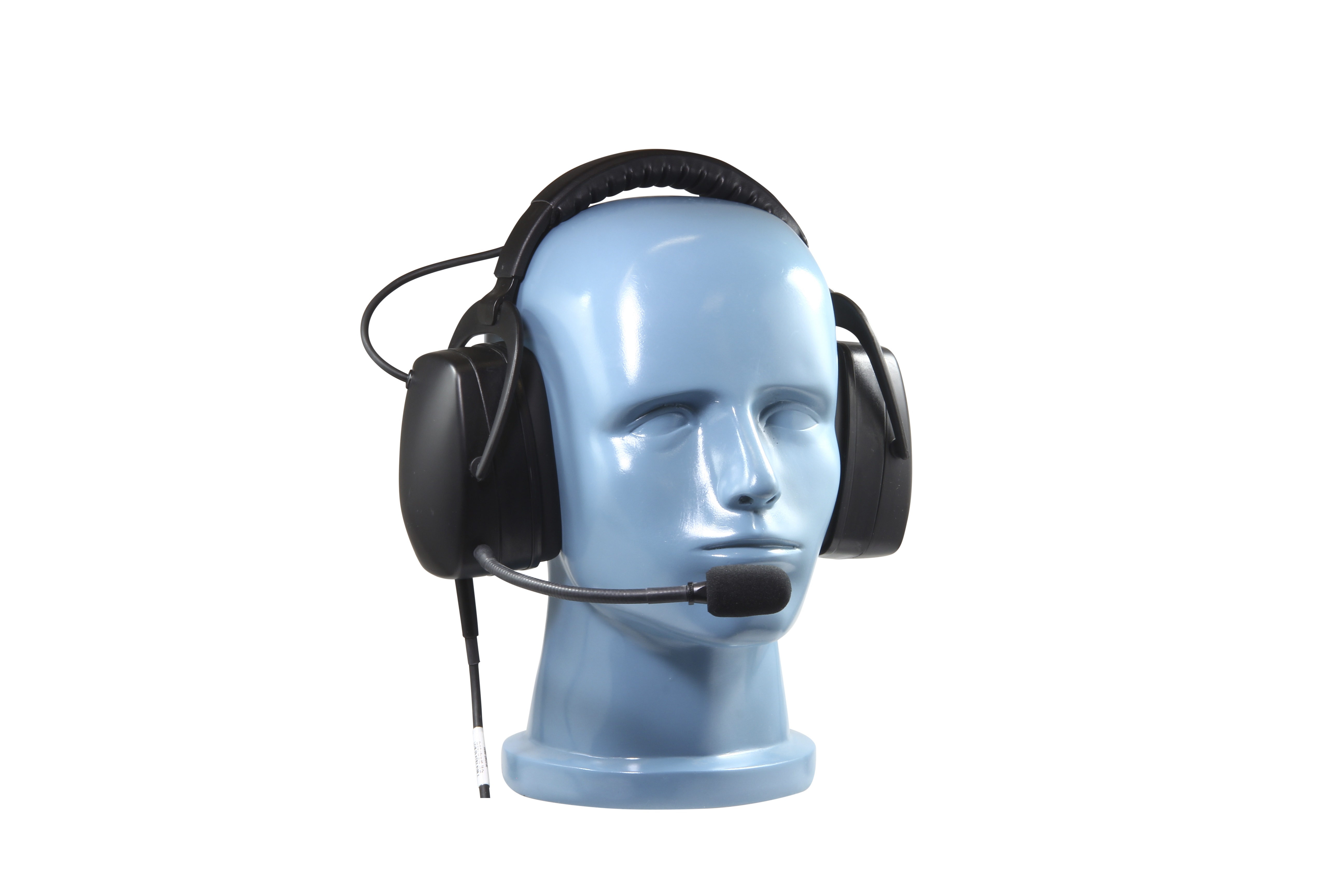 Blue mannequin head with black headset and microphone.