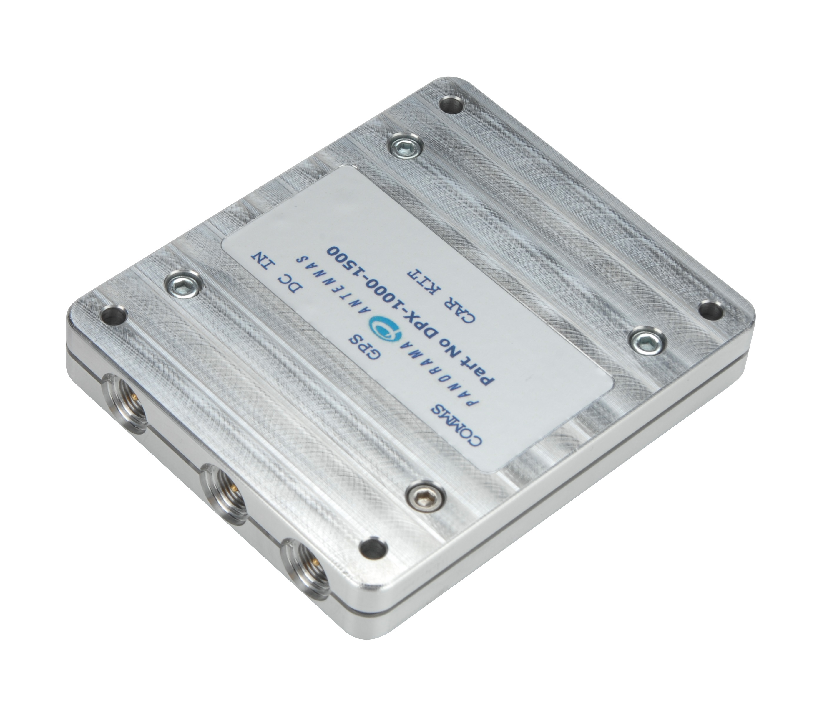 Rechteckiger, metallischer GPS-Phantom-Leistungs-Splitter mit Anschlüssen.