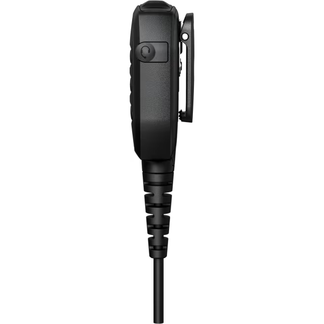 Side view of a compact black electronic device with a connector cable.