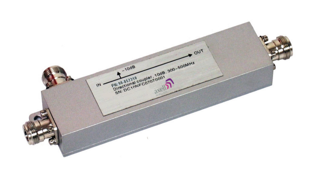 Directional coupler with -10 dB attenuation, 300-500 MHz, input and output connectors.