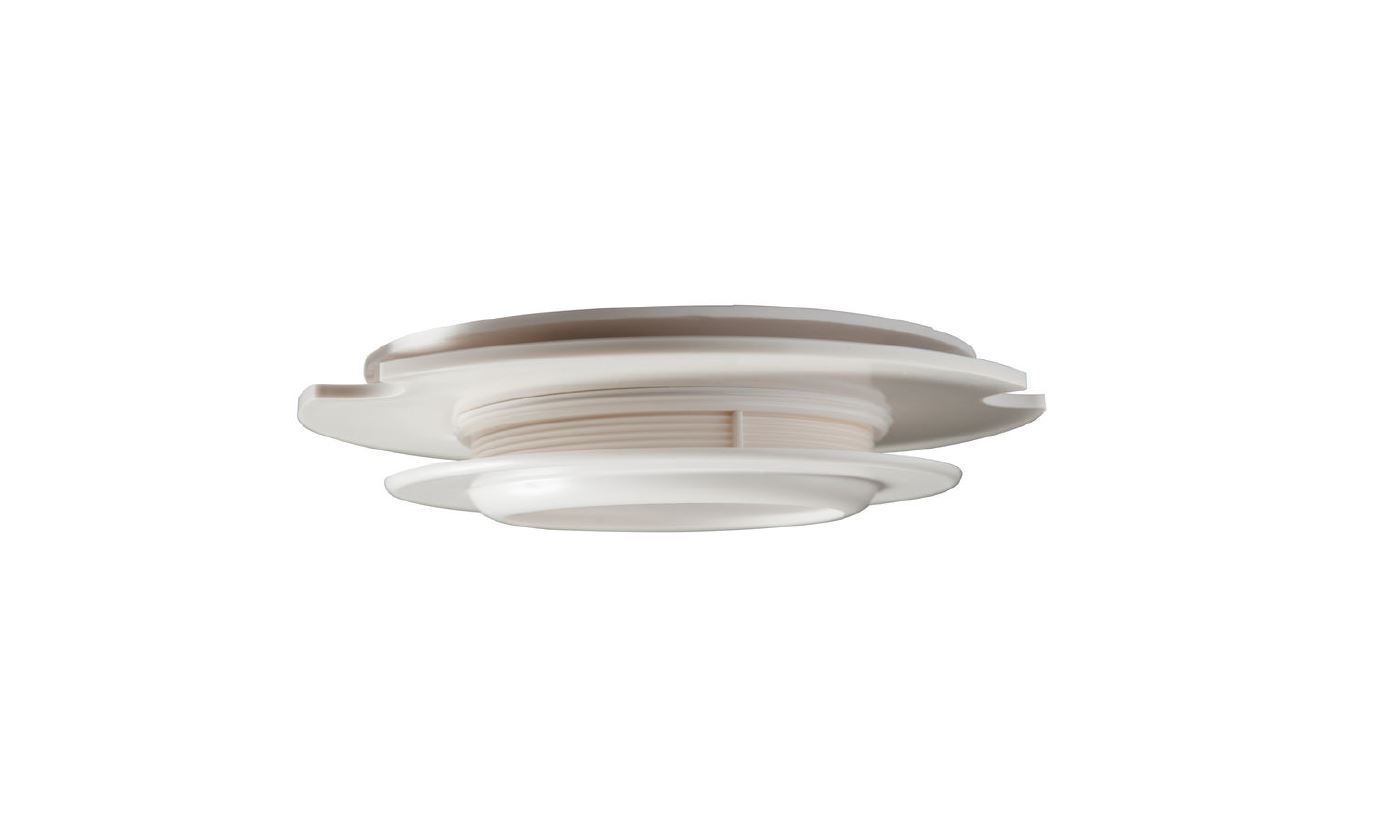 Round white plastic vent cap with screw closure.
