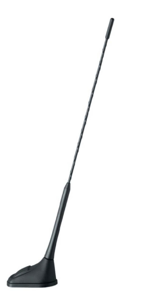 Black car antenna with flexible rod on round base.