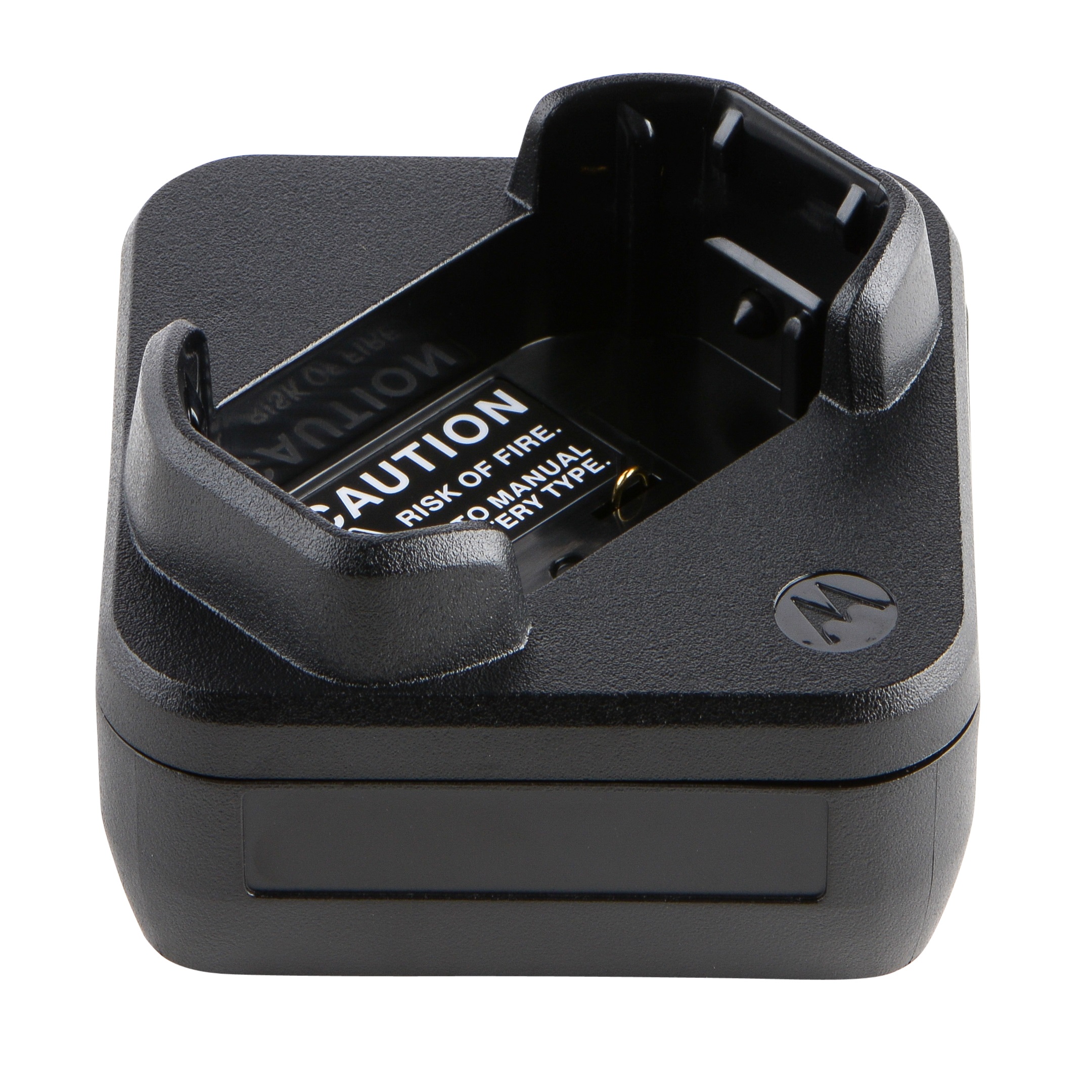 Black radio charger with caution label inside.
