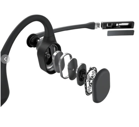 Explodierte Ansicht eines Headset-Ohrstücks mit mehreren Komponenten.