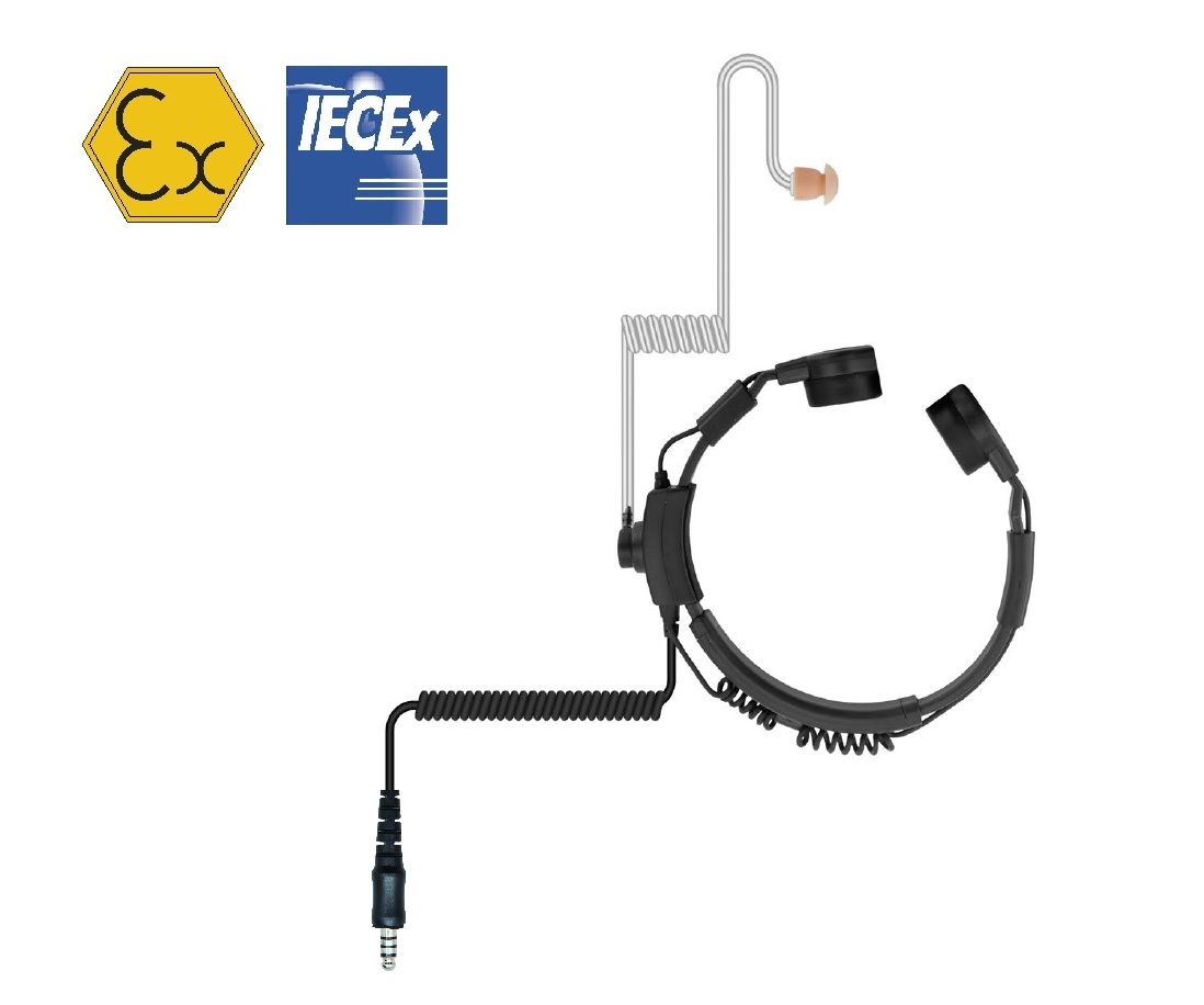 Schwarzes Headset mit Ohrbügel und Mikrofon, IECEx- und Ex-Symbol oben links.