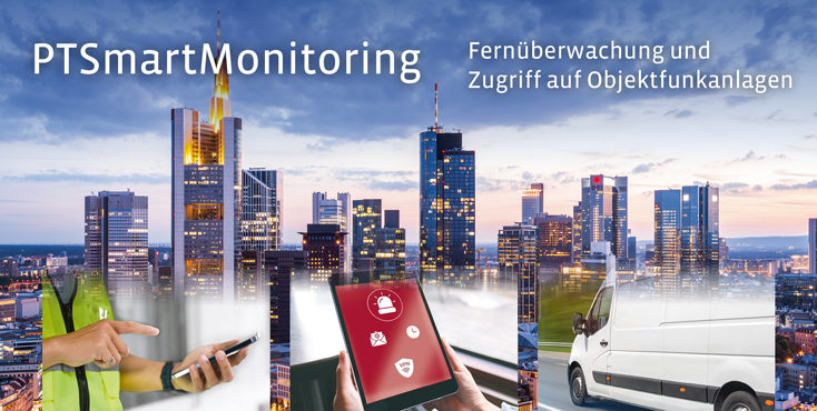 City view with smartphones, tablet, and van, text: Remote monitoring and access to facility systems