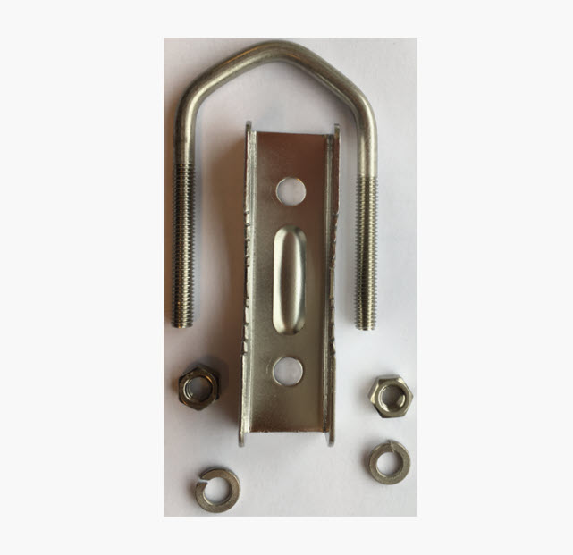 U-bolt, bracket, two nuts, two washers on white background.