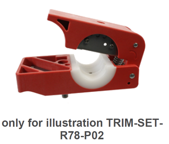 Red pipe cutting tool, white insert, half-open.