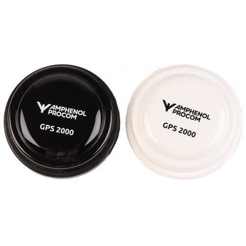 Two round GPS 2000 lids, black and white, with Amphenol Procom logo.