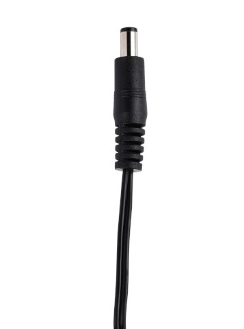Black DC power plug with cable, white background.