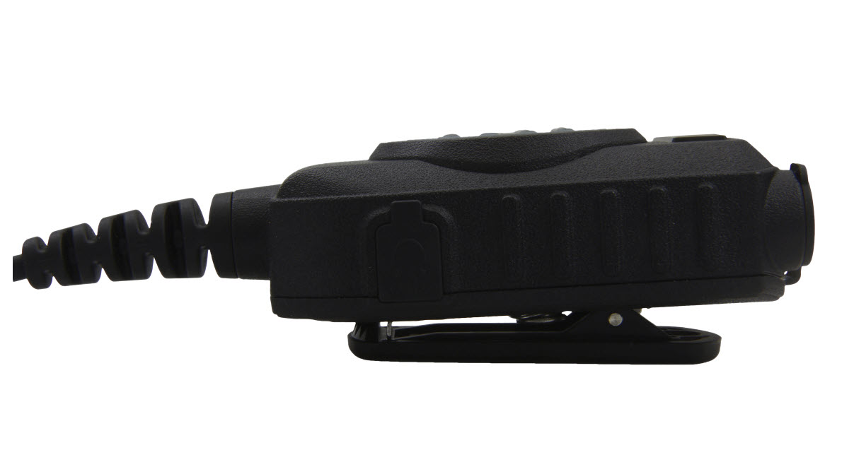 Black handheld microphone with coiled cable and belt clip.