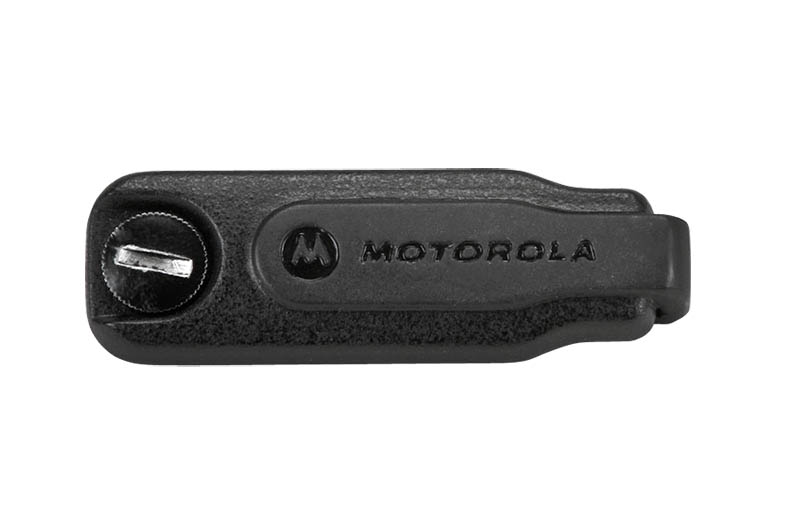 Schwarzer Motorola-Gürtelclip mit Schraube links.