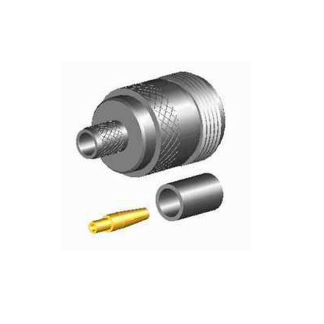 Vierteiliger Koaxialstecker mit metallischen Komponenten.