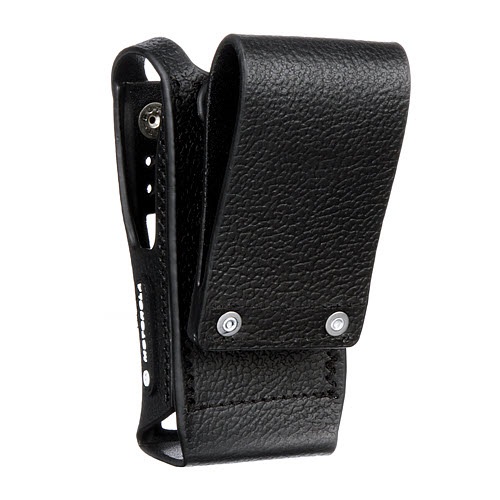 Black leather belt holster with two silver rivets.