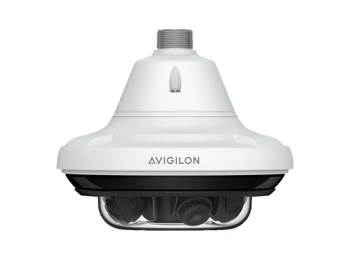 Weiße Überwachungskamera, zylindrisch, mit Avigilon-Logo auf schwarzem Unterteil.