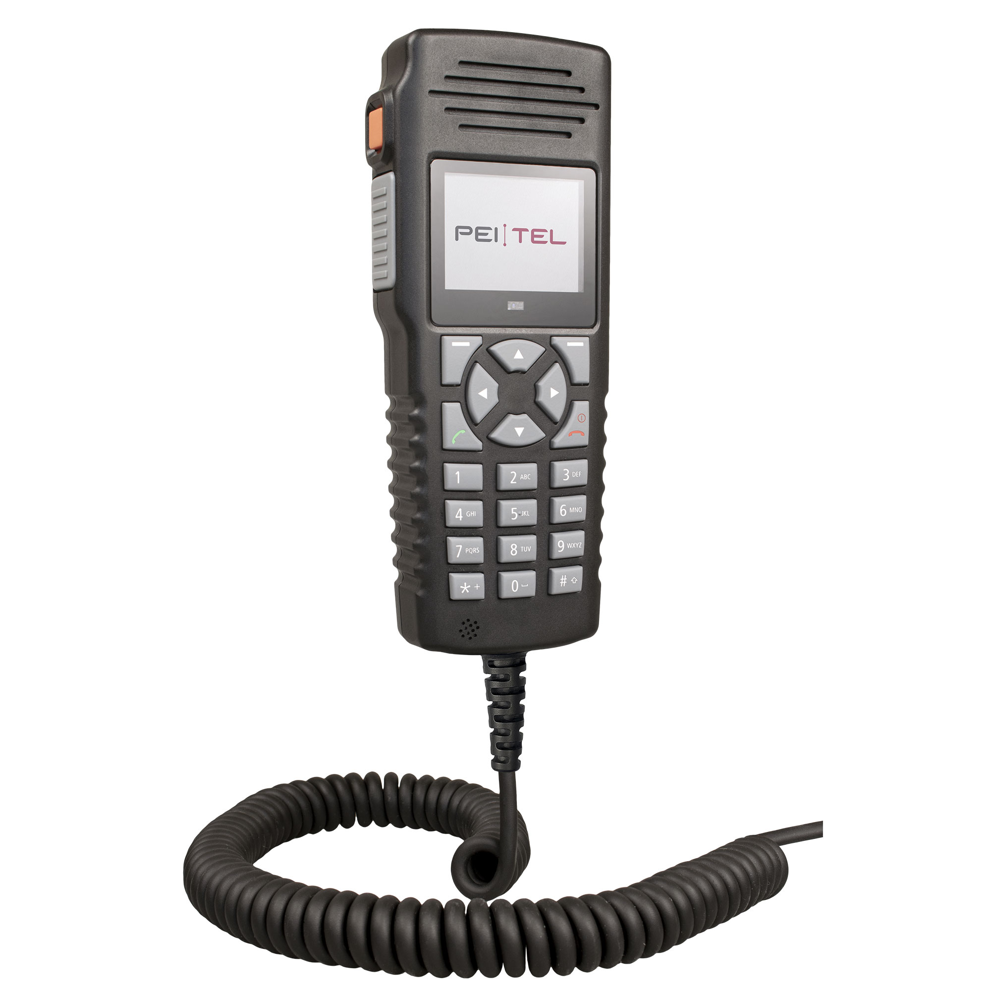 Handmikrofon mit Tastenfeld, Display und Kabelspirale.