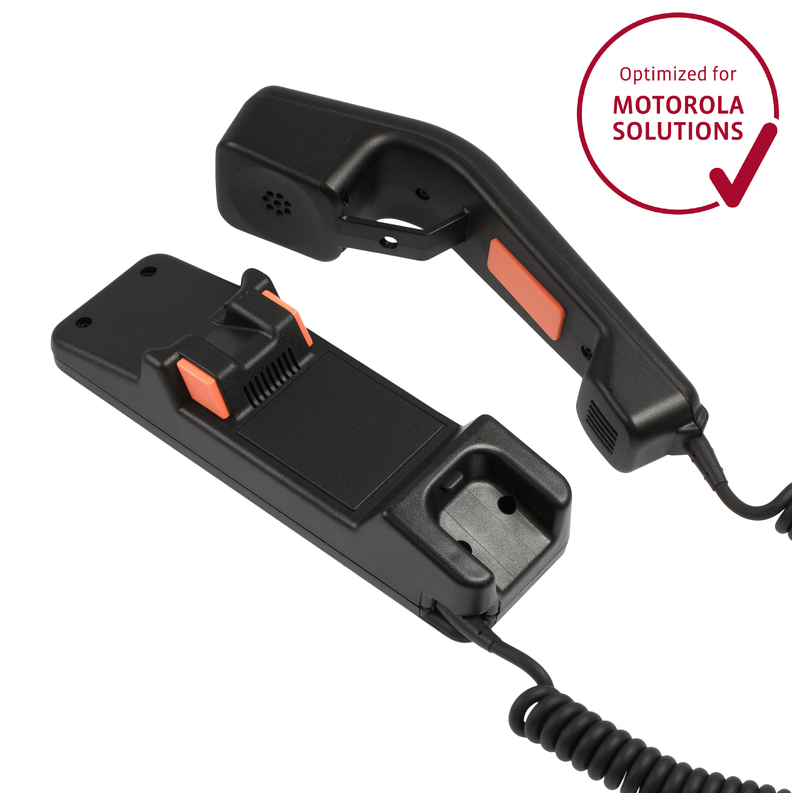 Schwarzer Telefonhörer und Basis mit orangen Akzenten, optimiert für Motorola Solutions.