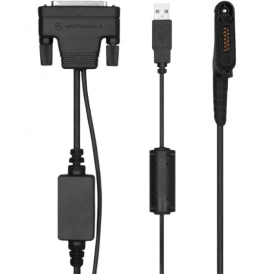 Schwarzes USB-Kabel mit mehreren Anschlüssen und Ferritkern.