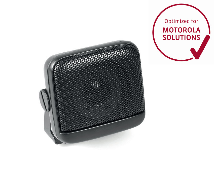 01_6601_01100051_PEI_Optimized_01.jpg Schwarzer Lautsprecher mit Motorola Solutions-Logo rechts.