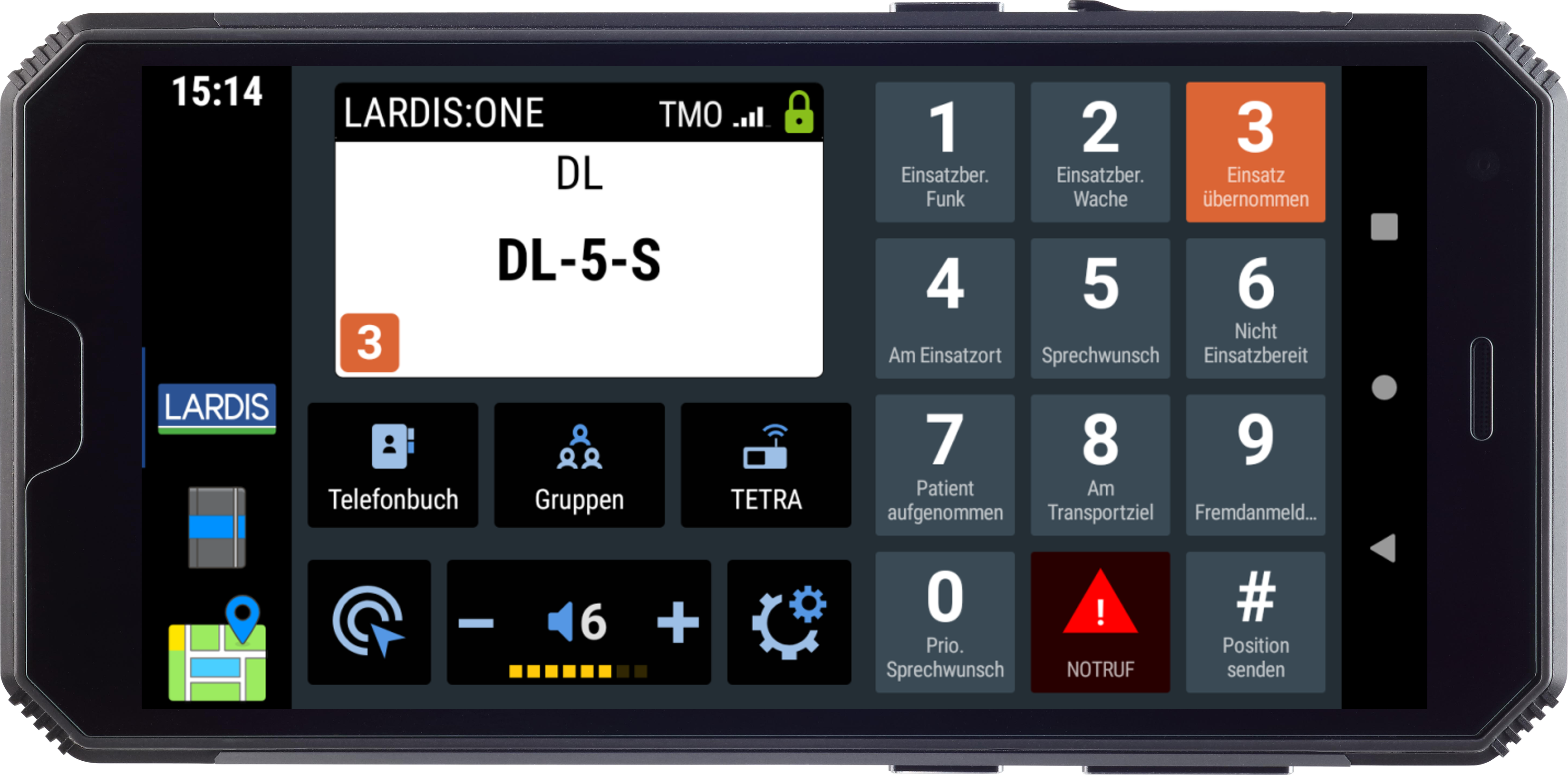 Mobile device with mission control screen and buttons for emergency call, contacts, groups, and volume.