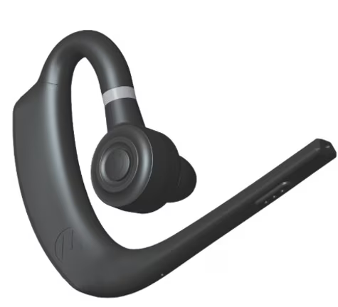 Schwarzes Bluetooth-Ohrhörer mit flexiblem Ohrbügel und Mikrofon.