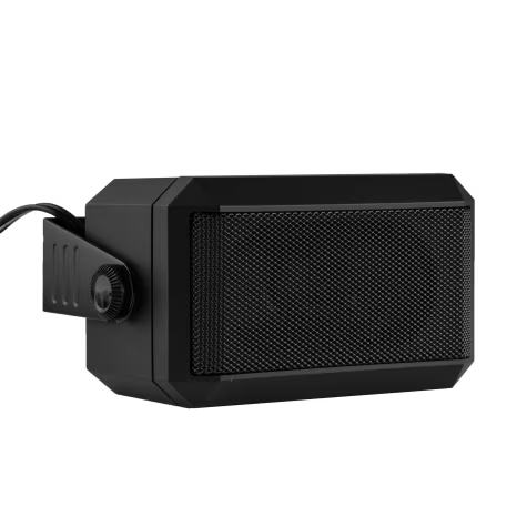 Rectangular black speaker with side volume knob and grille front.