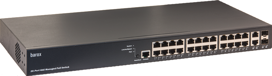 26-port Gigabit PoE switch by barox, black, with LED indicators and Ethernet ports.