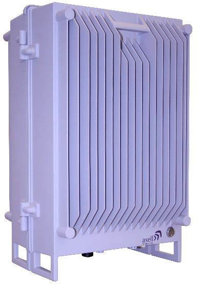 Weißes elektronisches Gerät mit gerippter Oberfläche und axell-Logo.