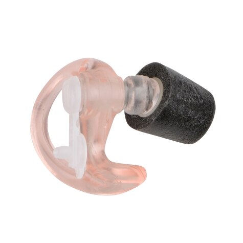 An earplug with black foam tip and pink holder.