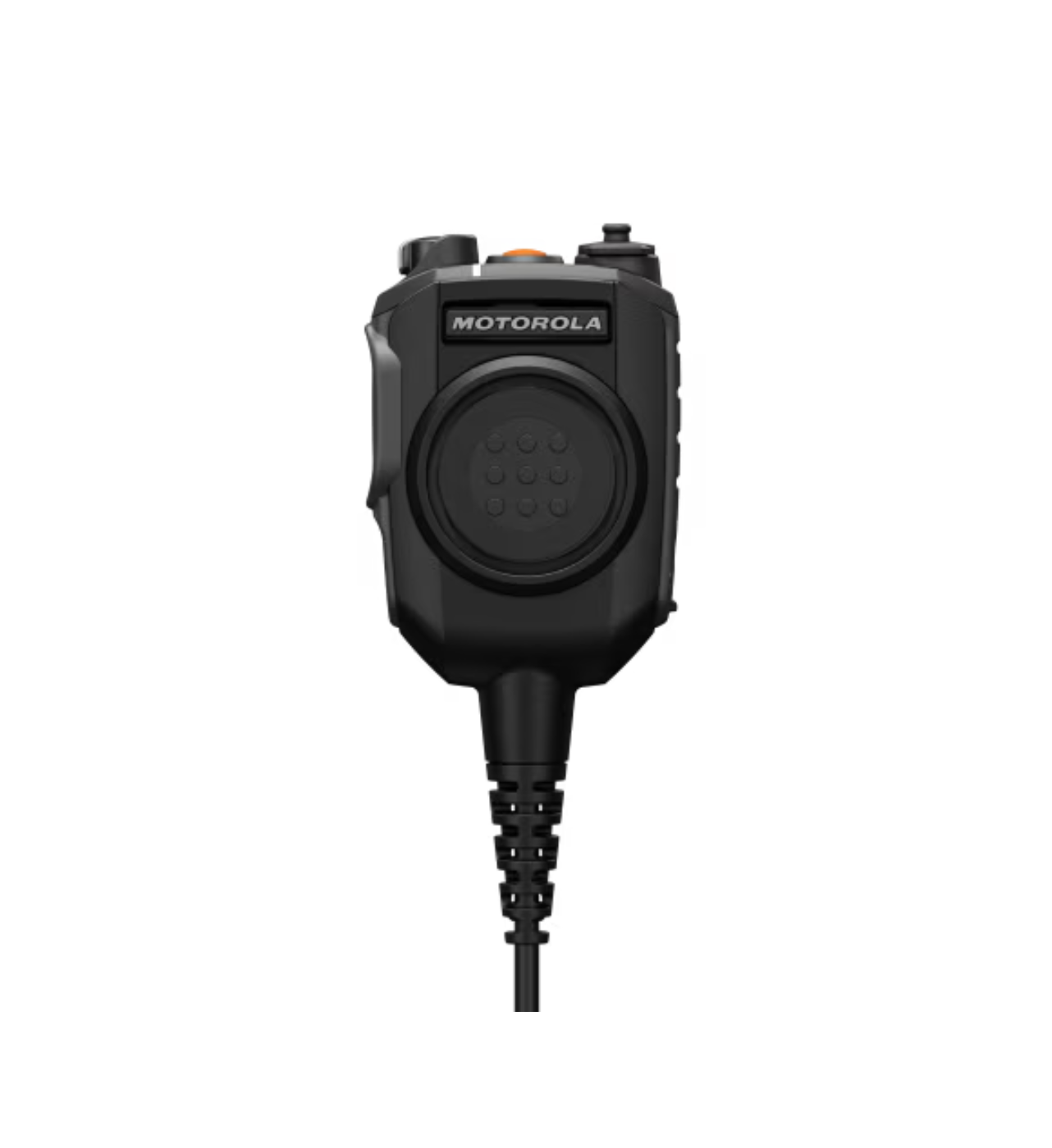 7000_00758065_MOT_01-1.png Schwarze Funkgeräte-Mikrofon mit Kabel und Knöpfen.