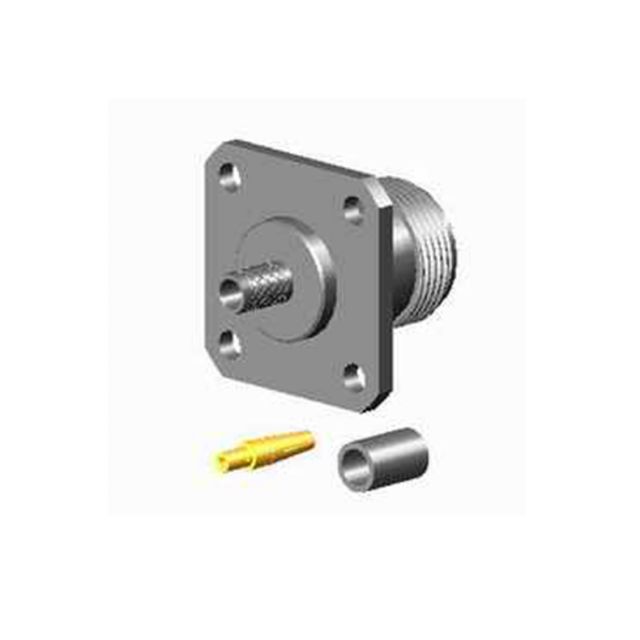 Quadratische Metallverbindung mit zentralem Gewindebolzen und zwei Kabeladaptern.