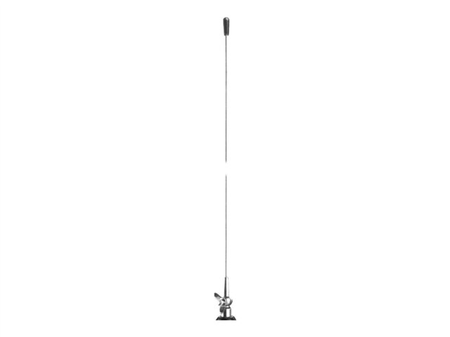Lange Antenne mit schwarzer Spitze und silberner Montagebasis.