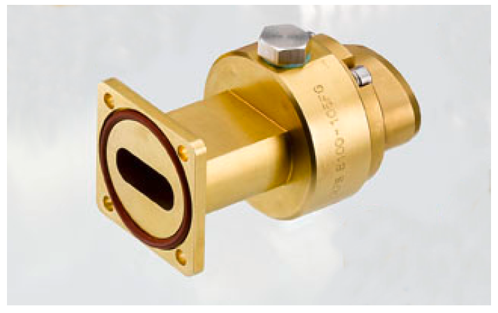 7000-00621500_rfs_01.png Gold feedthrough shaft with flange, rectangular opening, and fastening nut