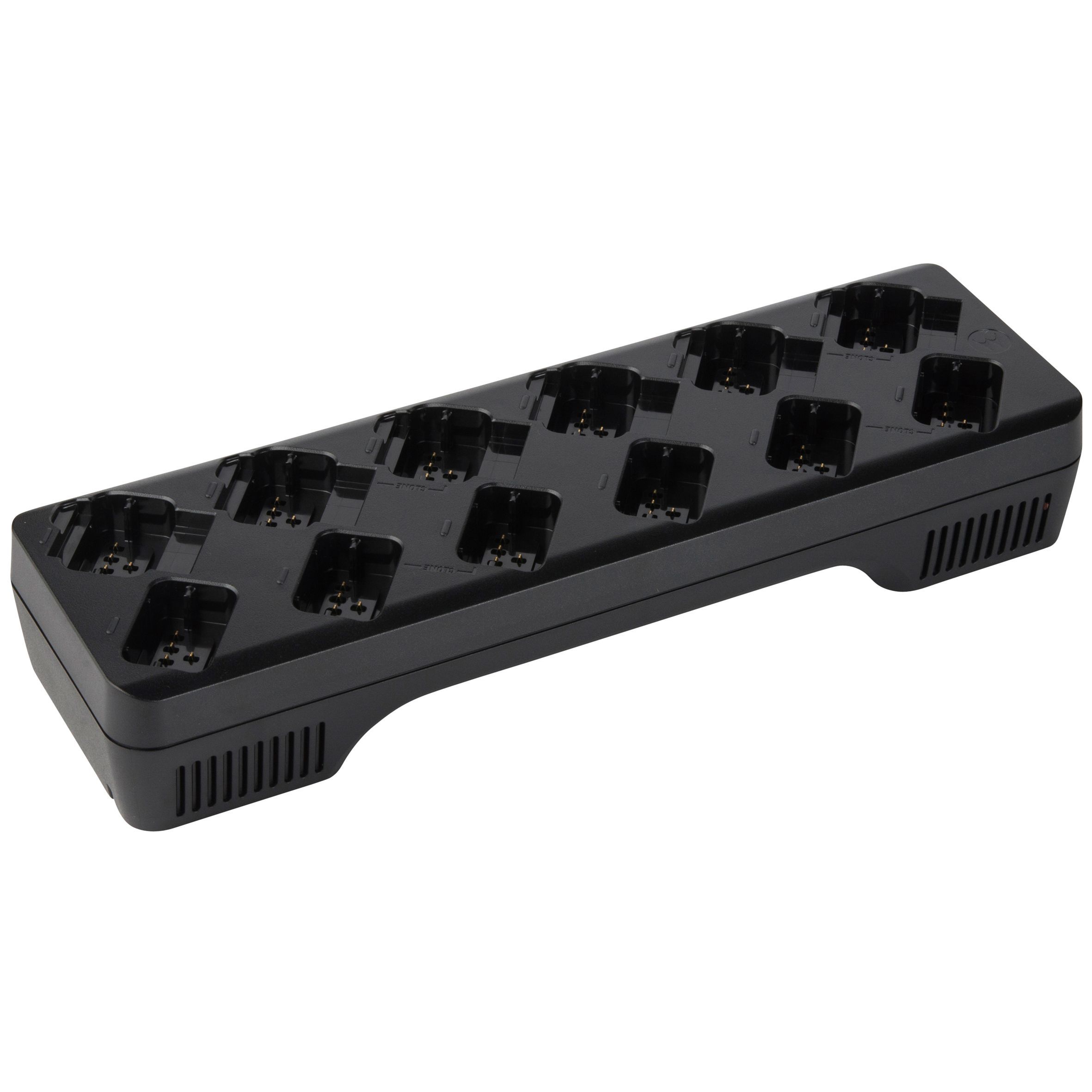 7000-00752102_mot_01.jpg Schwarzes Ladegerät mit zwölf Ladestationen für elektronische Geräte.