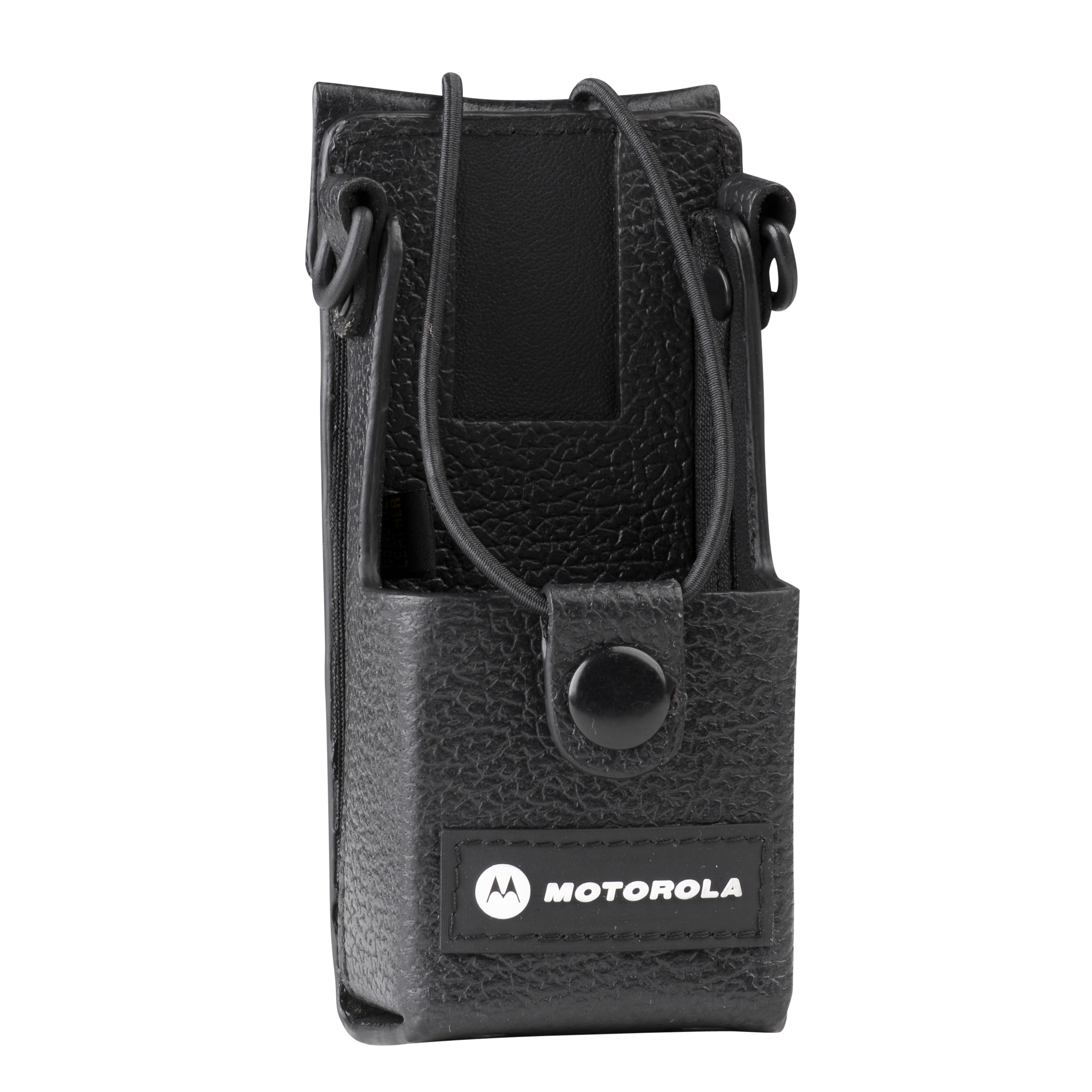 Schwarze Lederhülle mit Druckknopf und Motorola-Logo vorne.
