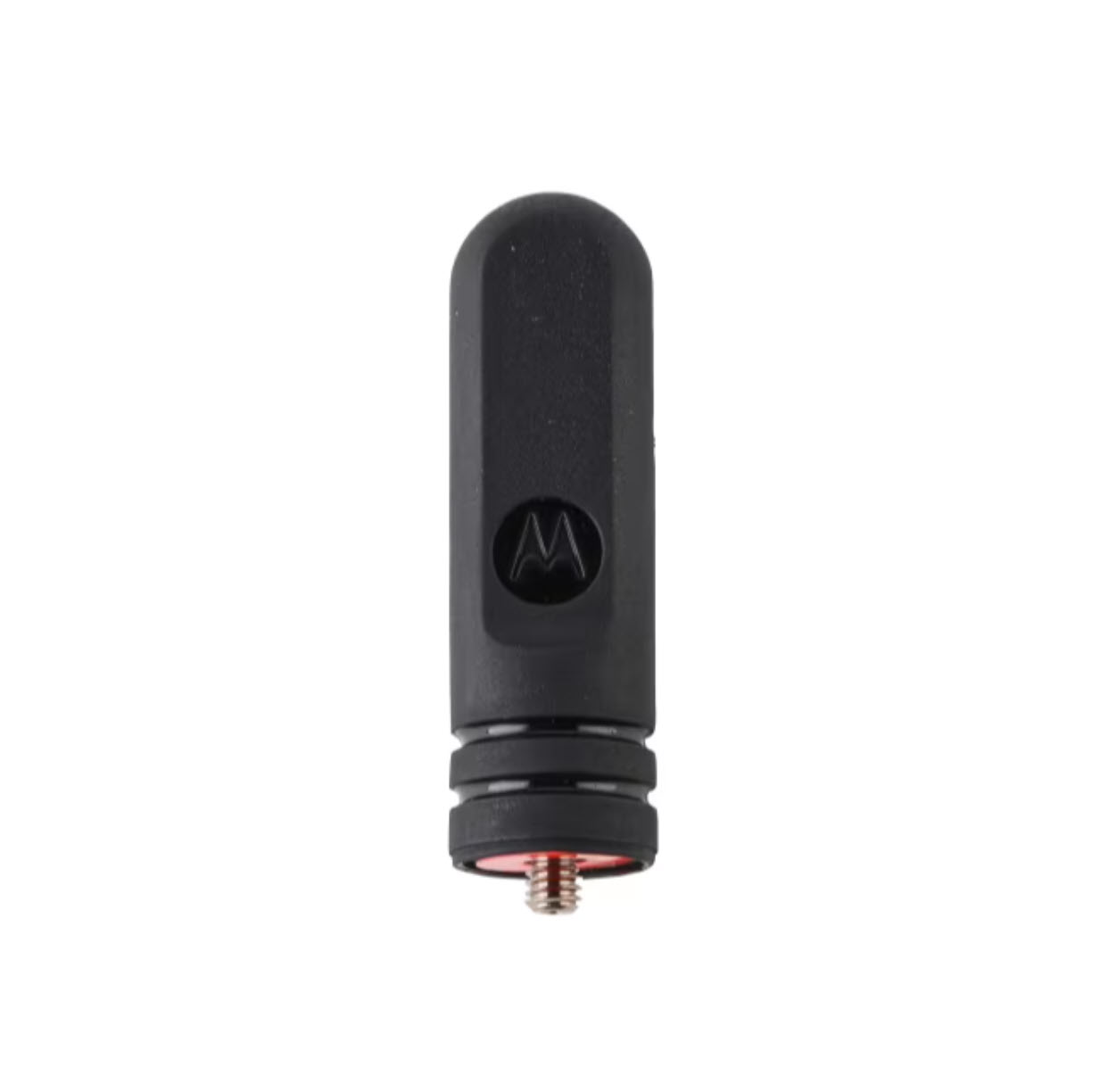 Schwarze Antenne mit Gewindeanschluss unten und Logo in der Mitte.