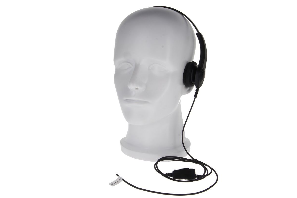 Kunststoffkopfmodell mit schwarzem Kopfhörer und Kabel.