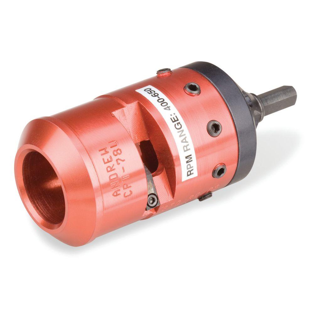 7000-00046600_com_01.jpg Rote Drehwerkzeugaufnahme mit Aufschrift 'ANDREW' und 'RPM RANGE: 400-650'.