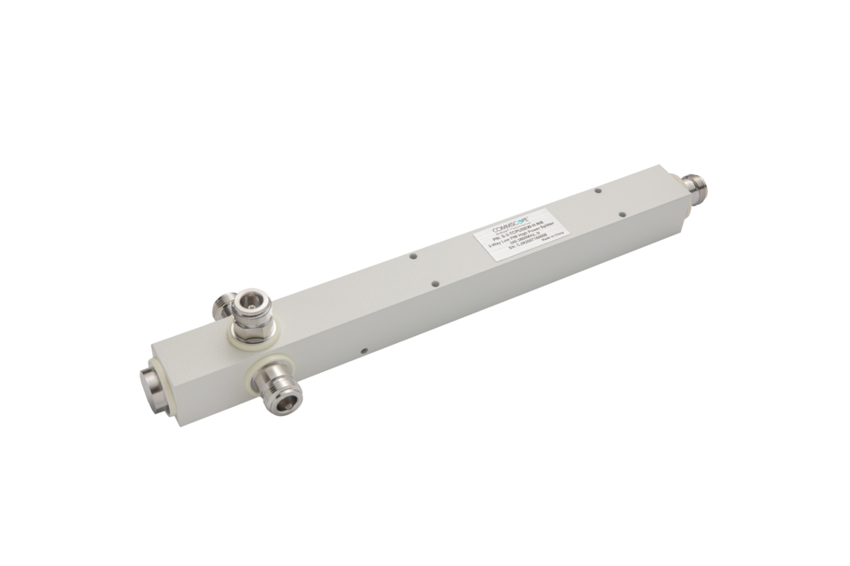 Gray, rectangular technical device with connectors at both ends and a label in the center.