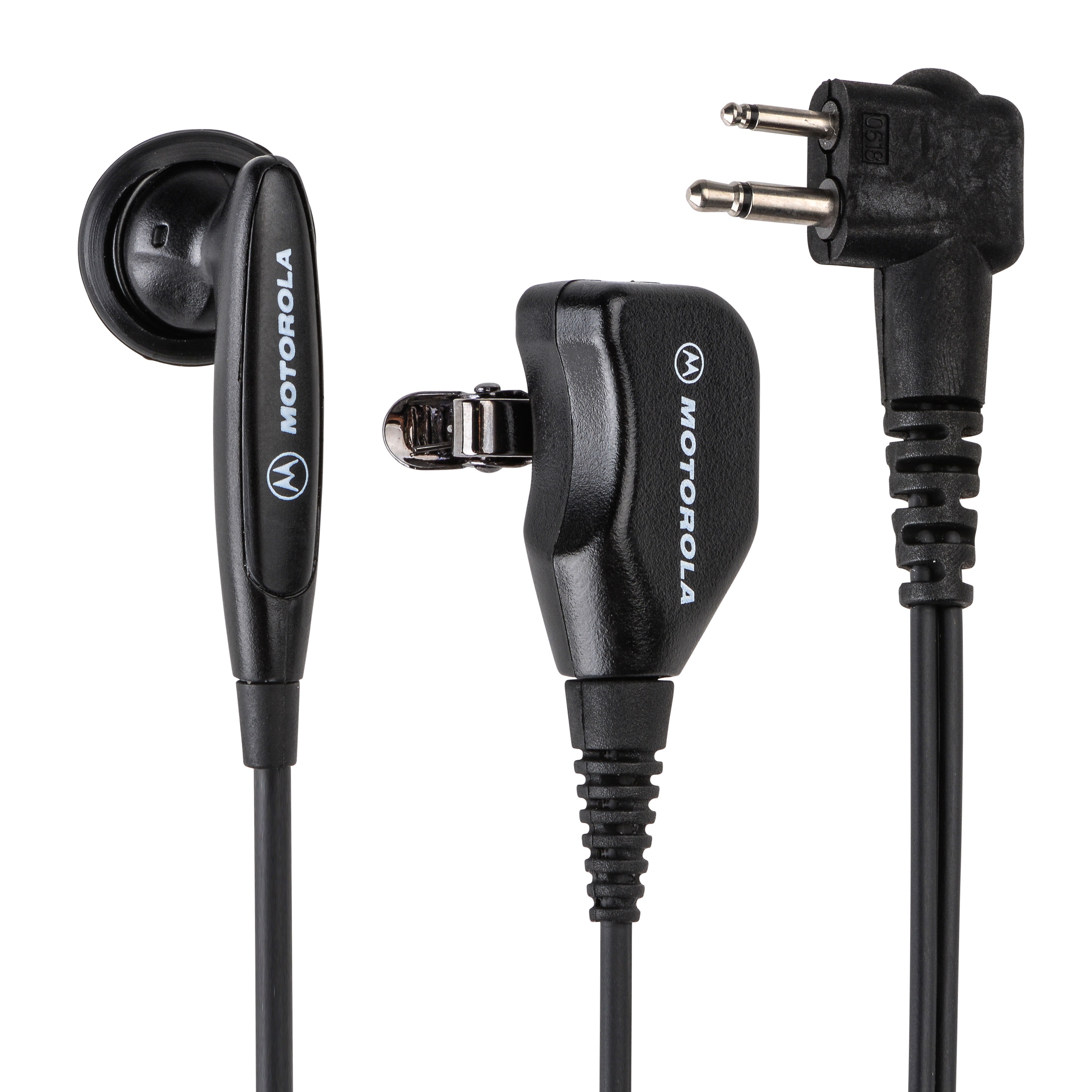 7000-00317900_mot_01.jpg Schwarzes Motorola-Headset mit Ohrhörer, Mikrofon und Zwei-Stecker-Kabel.