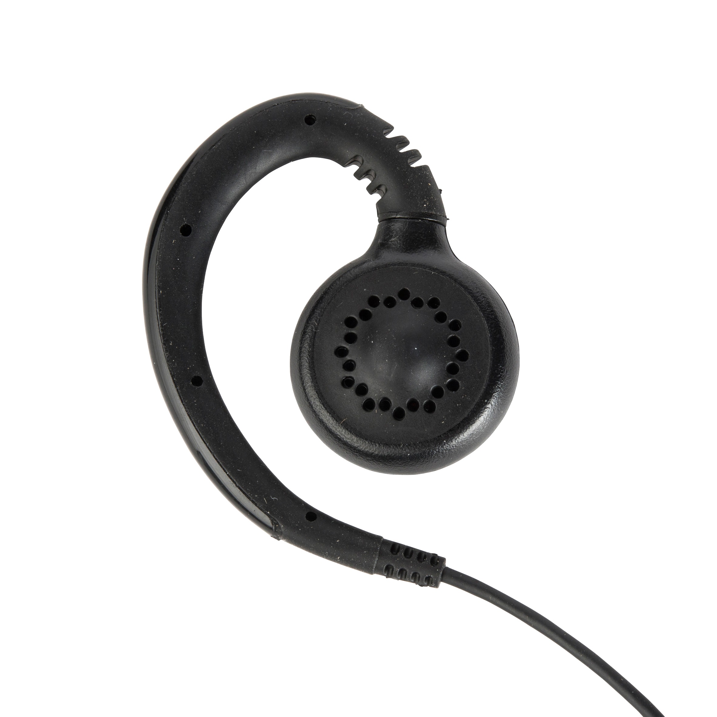 Black over-ear hook headphone with cable.