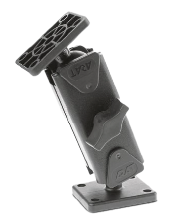 Adjustable mount with two knobs and rectangular base.