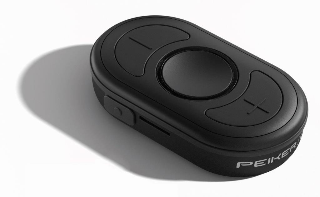 Schwarzer ovaler Bluetooth-Controller mit Lautstärkeknöpfen.