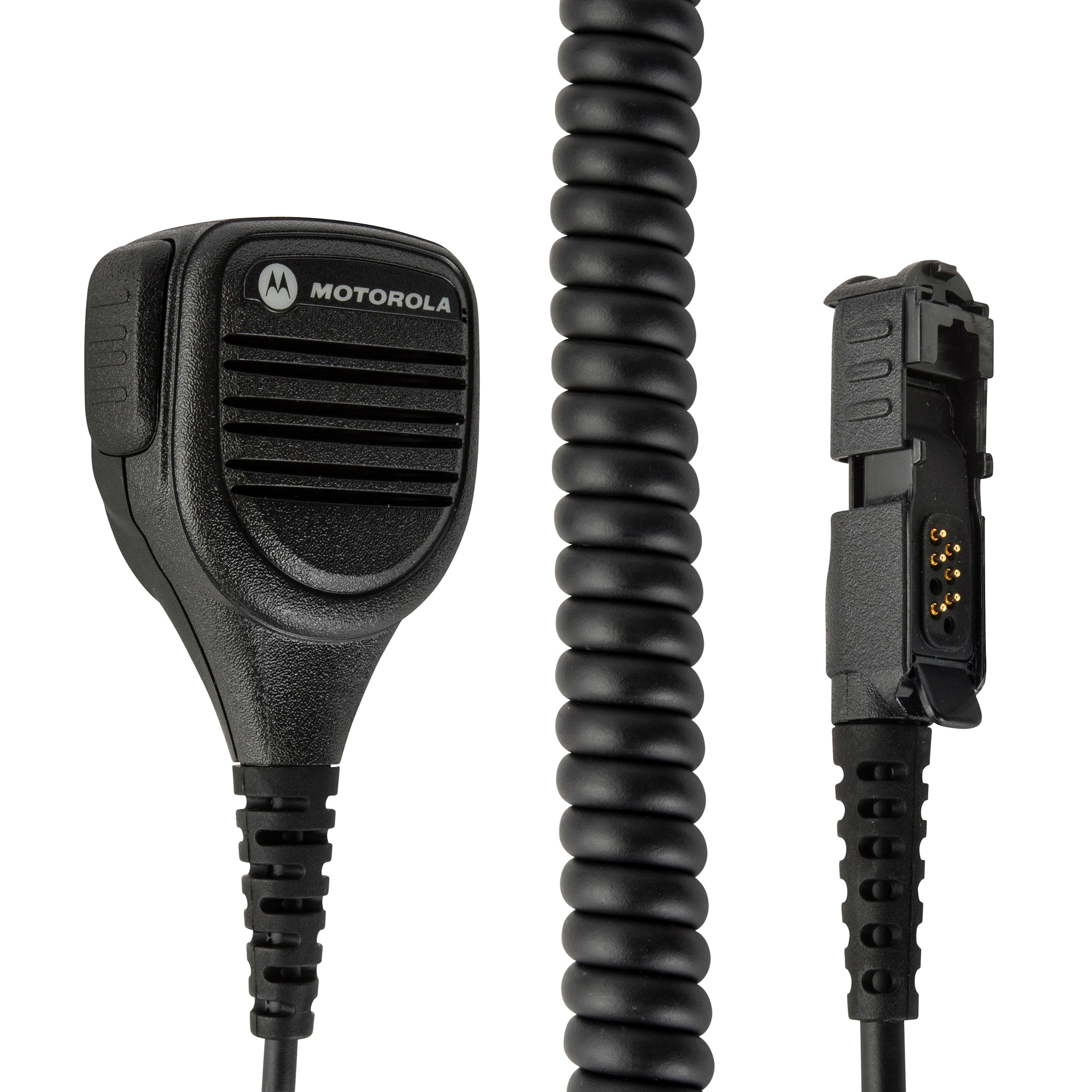 Black and gray handheld microphone with coiled cable and connector.