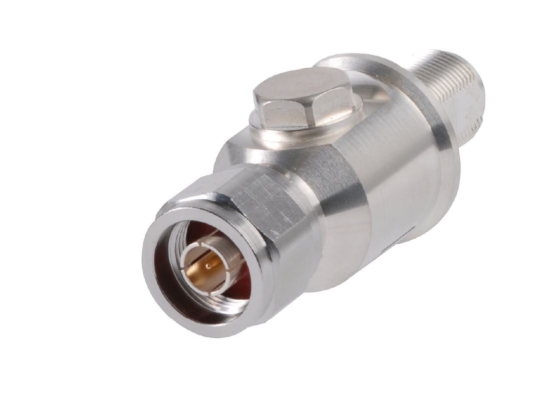 Metal connector with threaded and cylindrical shape.