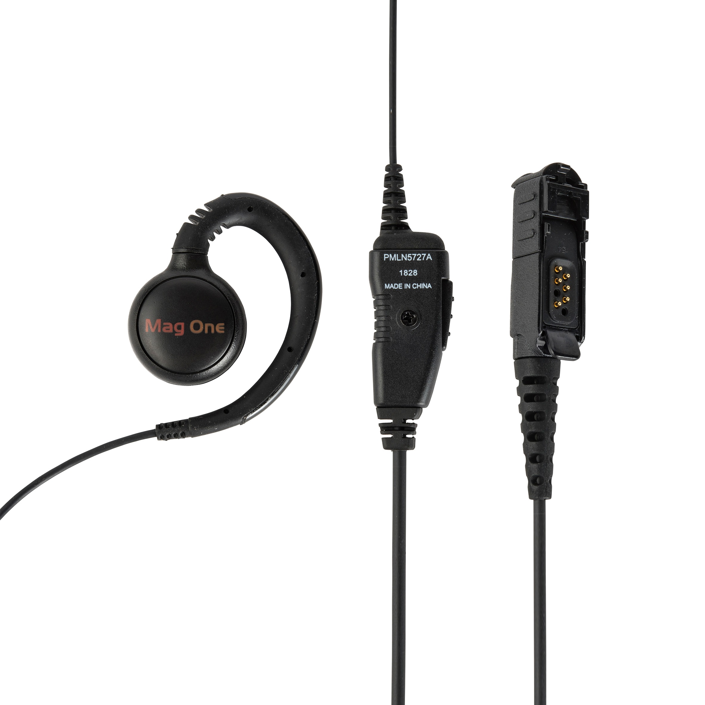 Einohrbügel-Headset mit abnehmbarer Verkabelung und Anschlussstecker.